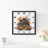 Halloween Spuk House mit Pumpkins & Foliage Quadratische Wanduhr (Zuhause)