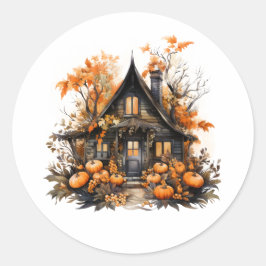 Halloween Spuk House mit Pumpkins & Foliage Runder Aufkleber
