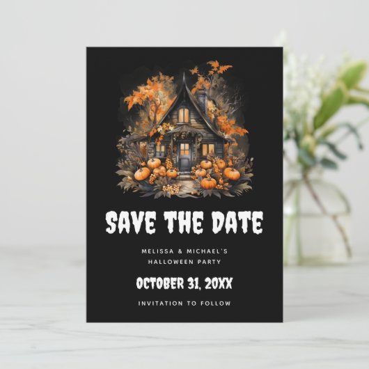 Halloween Spuk House mit Pumpkins & Foliage Save The Date (Stehend Vorderseite)