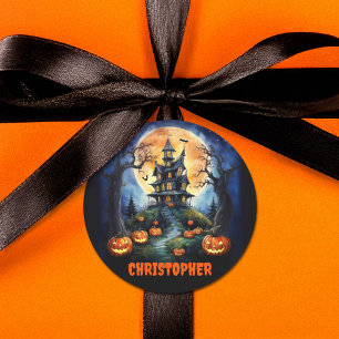 Halloween Spuk House mit Pumpkins Name Runder Aufkleber