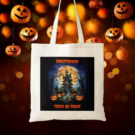 Halloween Spuk House mit Pumpkins Name Tragetasche