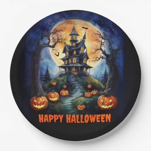 Halloween Spuk House mit Pumpkins Party Pappteller (Vorderseite)