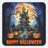 Halloween Spuk House mit Pumpkins Party Quadratischer Aufkleber (Vorderseite)