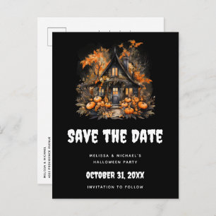 Halloween Spuk House und Pumpkins Save the Date Einladungspostkarte
