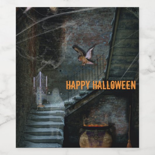 Halloween, Spuk Treppe Weinetikett (Einzelnes Label)