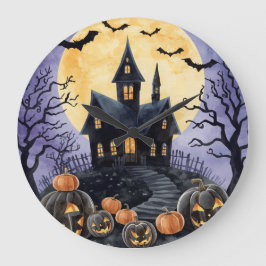 Halloween,Spukhaus, Gruselige Kürbisse,Fledermäuse Große Wanduhr