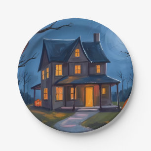 Halloween Spukhaus Kürbislaternen Aquarell Pappteller
