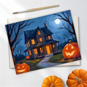 Halloween Spukhaus Kürbisse Wasserfarbe Feiertagspostkarte