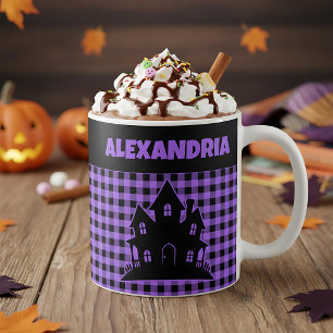 Halloween Spukhaus Lila & Schwarzes Karo Name Kaffeetasse