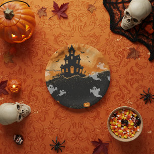 Halloween Spukhaus Orange Gold Glitter Pappteller