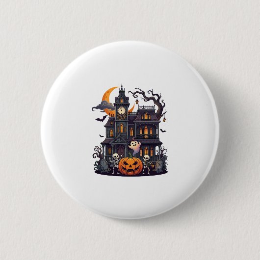 Halloween Spukhaus Skelette Kürbis Geist Halbmond Button (Vorderseite)