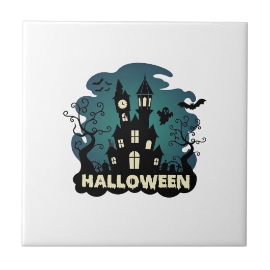 Halloween Spukhaus Uhrturm Fledermäuse Geist_1 Fliese (Vorderseite)