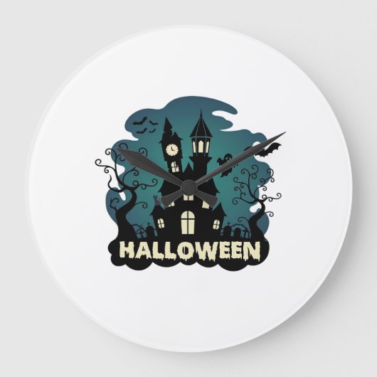 Halloween Spukhaus Uhrturm Fledermäuse Geist_1 Große Wanduhr (Vorderseite)