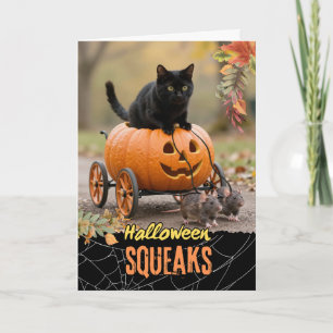 Halloween Squeaks Schwarze Katze reitet auf Jack o Karte