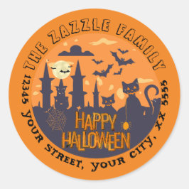 Halloween Stadt mit bezaubernden schwarzen Katzen Runder Aufkleber