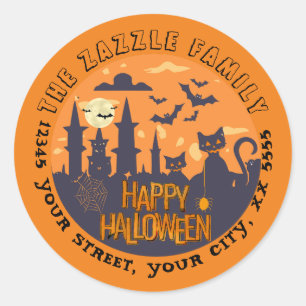 Halloween Stadt mit bezaubernden schwarzen Katzen Runder Aufkleber
