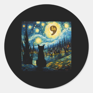 Halloween Starry Night Black Cat Comma La Kamala H Runder Aufkleber