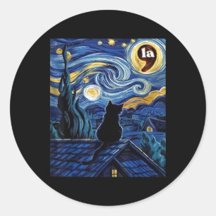 Halloween Starry Night Black Cat Comma La Kamala H Runder Aufkleber