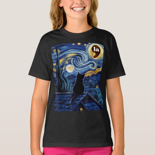 Halloween Starry Night Black Cat Comma La Kamala T-Shirt (Vorderseite)