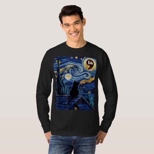 Halloween Starry Night Black Cat Comma La Kamala T-Shirt (Vorne ganz)