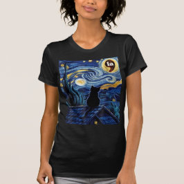 Halloween Starry Night Black Cat Comma La Kamala T-Shirt
