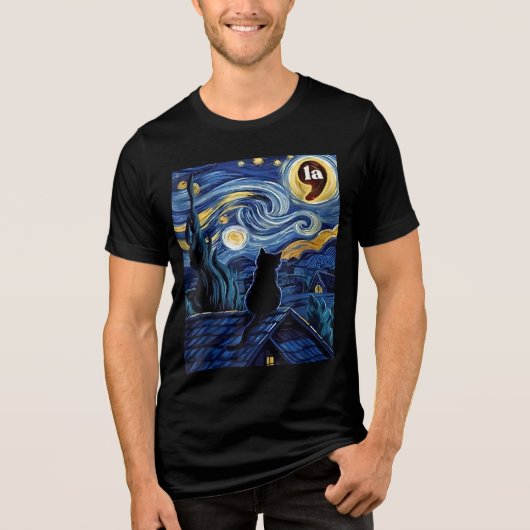 Halloween Starry Night Black Cat Comma La Kamala Tri-Blend Shirt (Vorderseite)