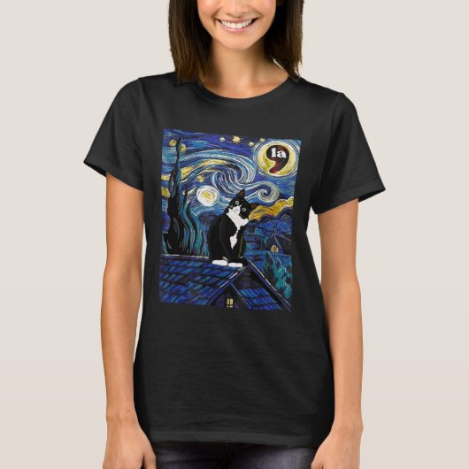 Halloween Starry Night Tuxedo Cat Comma La Kamala T-Shirt (Vorderseite)