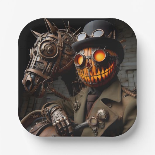 Halloween Steampunk Jack-O-Lantern Horseman Pappteller (Vorderseite)