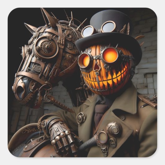 Halloween Steampunk Jack-O-Lantern Horseman Quadratischer Aufkleber (Vorderseite)