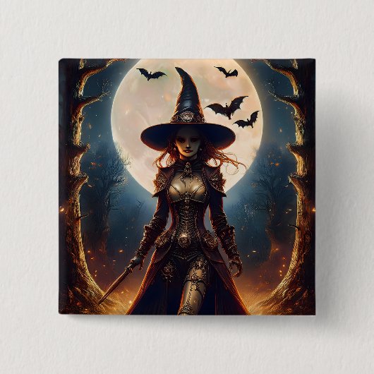 Halloween Steampunk Waldhexe Button (Vorderseite)