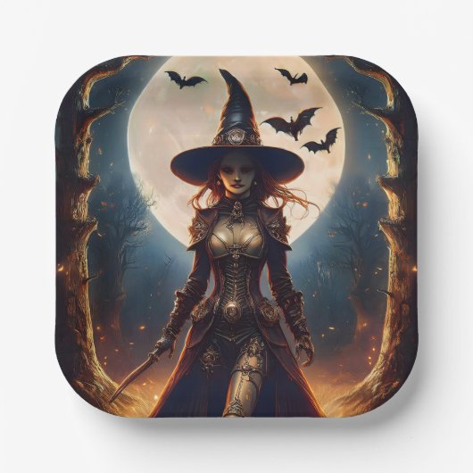 Halloween Steampunk Waldhexe Pappteller (Vorderseite)