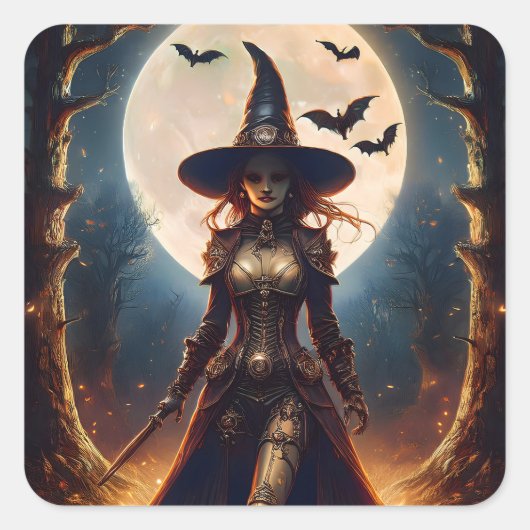Halloween Steampunk Waldhexe Quadratischer Aufkleber (Vorderseite)