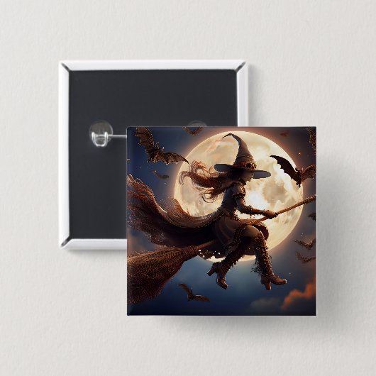Halloween Steampunk Witch Moonlight Flight Button (Vorne & Hinten)