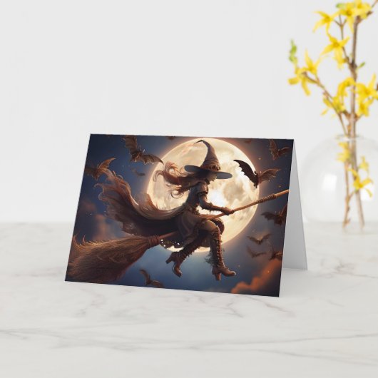 Halloween Steampunk Witch Moonlight Flight Karte (Gelbe Blume)