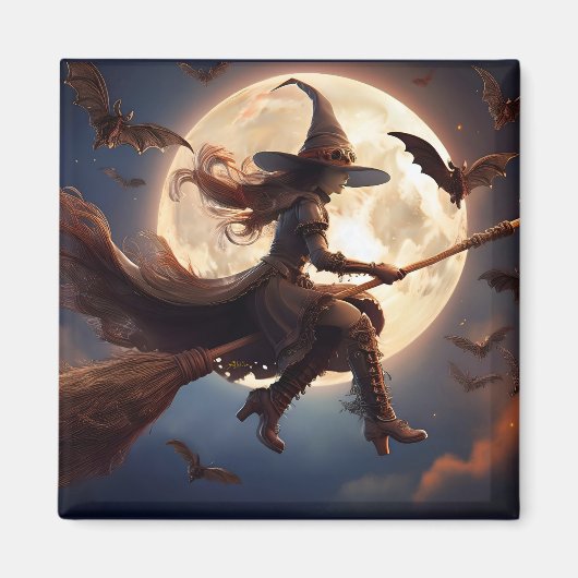 Halloween Steampunk Witch Moonlight Flight Magnet (Vorne)