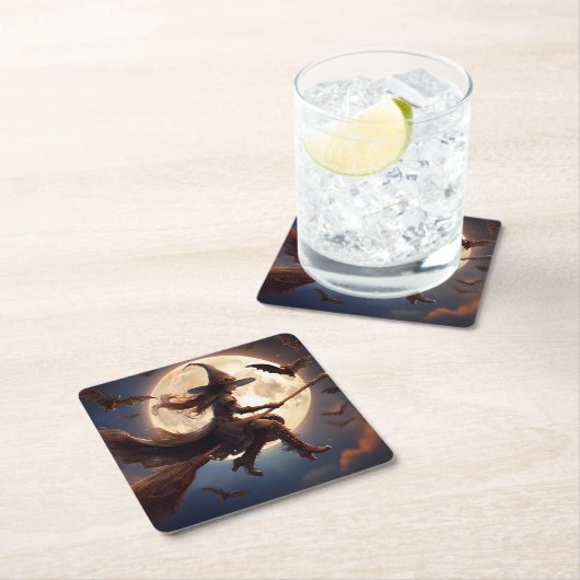 Halloween Steampunk Witch Moonlight Flight Rechteckiger Pappuntersetzer (Vor Ort)