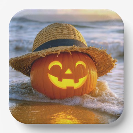 Halloween-Strand-Kürbislaterne Pappteller (Vorderseite)