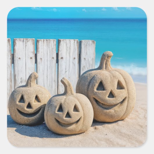 Halloween Strand Sand Jack o' Lanterns  Quadratischer Aufkleber (Vorderseite)
