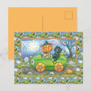 HALLOWEEN STRASSENVERKEHR, JACK UND SCHWARZE KATTE FEIERTAGSPOSTKARTE