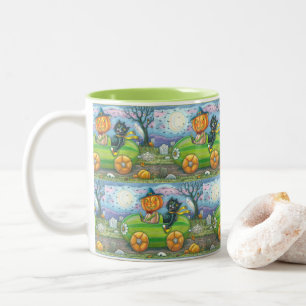HALLOWEEN STRASSENVERKEHR, JACK UND SCHWARZE KATTE ZWEIFARBIGE TASSE
