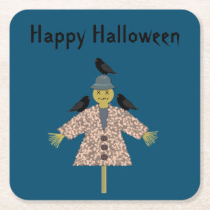 Halloween Straw Scarecrow und Ravens Custom Rechteckiger Pappuntersetzer