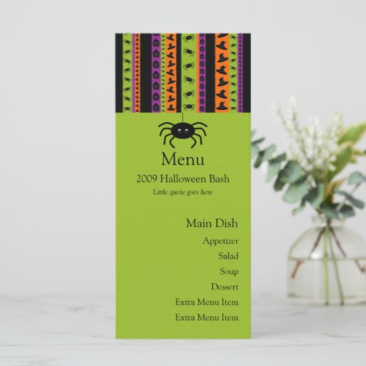 Halloween Stripes Spinnen-Menü-Karte Menükarte (Stehend Vorderseite)