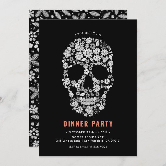 Halloween Sugar Skull Black Floral Dinner Party Einladung (Vorne/Hinten)