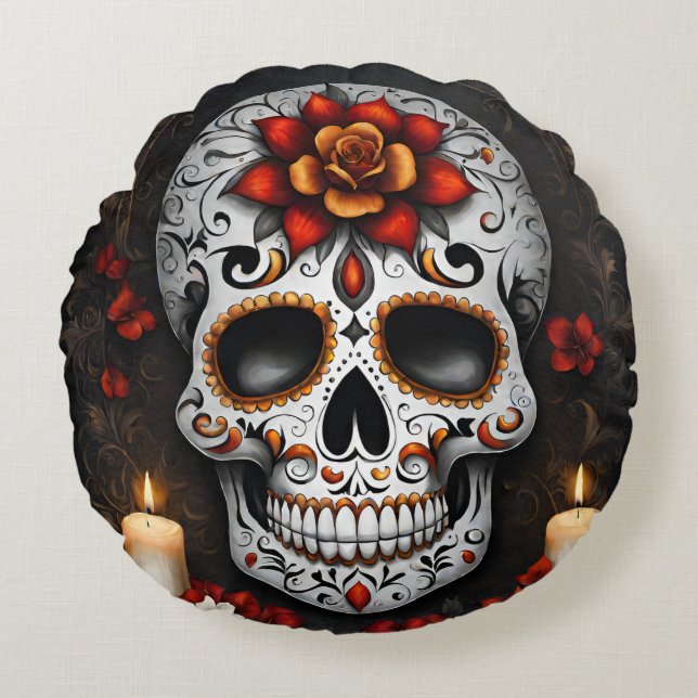 Halloween Sugar Skull Round Pillow Rundes Kissen (Vorderseite)