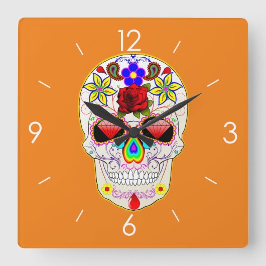Halloween Sugar Skull - Tattoo Art Quadratische Wanduhr (Vorderseite)