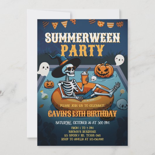 Halloween Summerween Pool Geburtstag Einladung (Vorderseite)