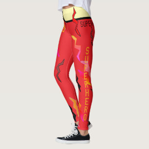 Halloween Superhero Red Cream Lightning Bolts Leggings