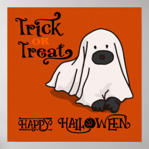 Halloween Süß Lustig Whimsical Geist Hund Orange Poster