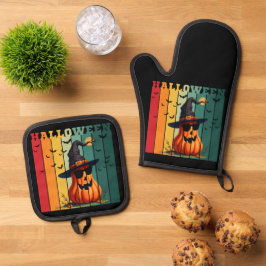 Halloween süß lustiger Kürbis vintage Herbst Ofenhandschuh & Topflappen-Set