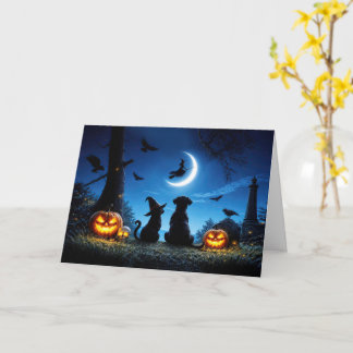 Halloween Süß mit Hexe und Mond Katze und Hund Karte